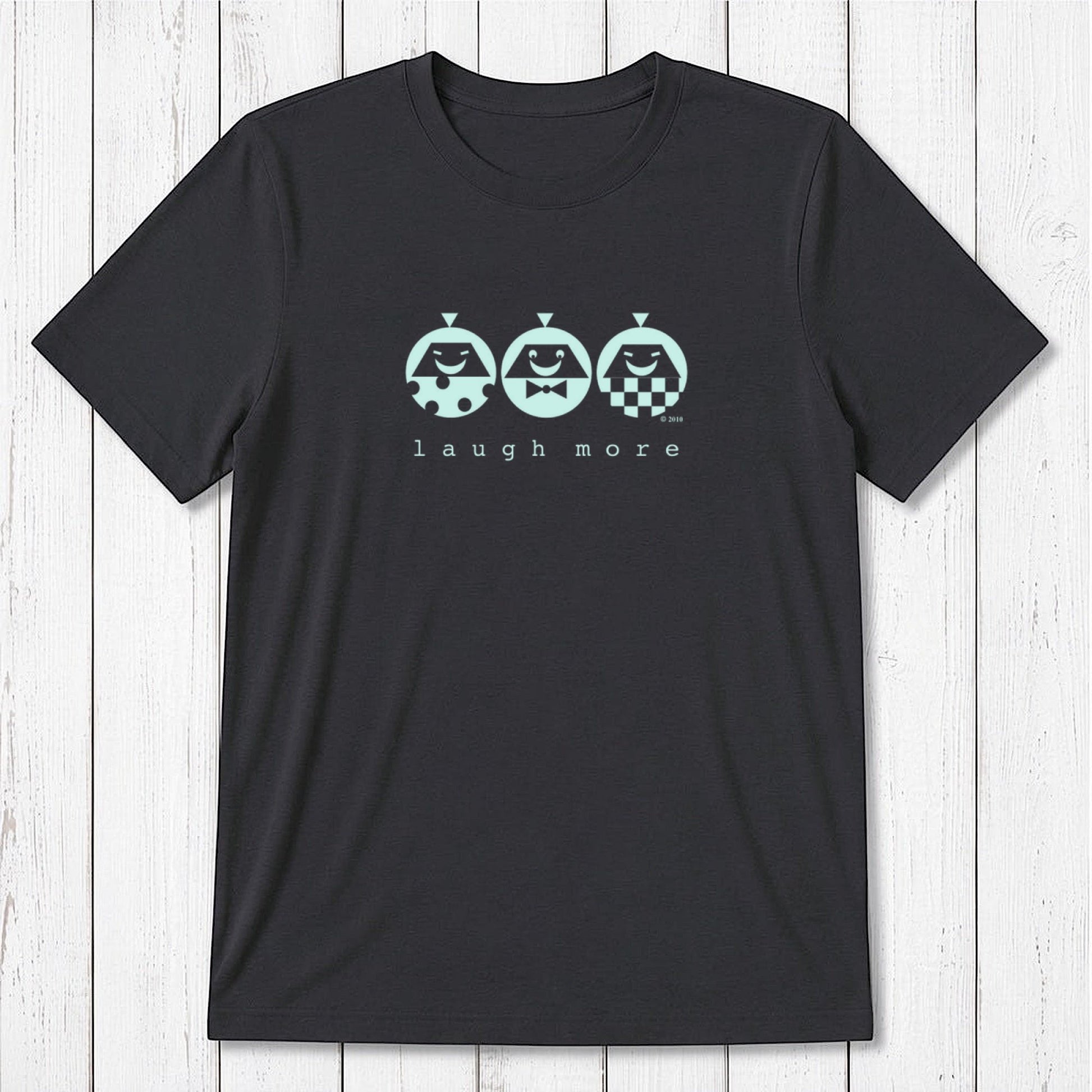 Men's Happy T-Shirt in Bamboo & Organic Cotton in black with mint 'Laugh More' quote and cartoon faces. Funny and eco-conscious tee.