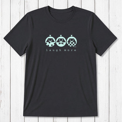 Men's Happy T-Shirt in Bamboo & Organic Cotton in black with mint 'Laugh More' quote and cartoon faces. Funny and eco-conscious tee.