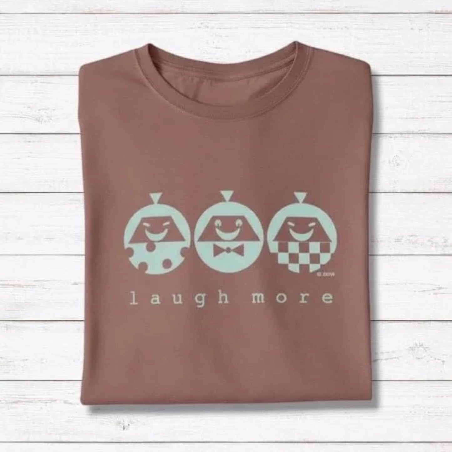 Men's Happy T-Shirt in Bamboo & Organic Cotton in mocha brown with mint 'Laugh More' quote. Funny and eco-friendly gift tee for him.