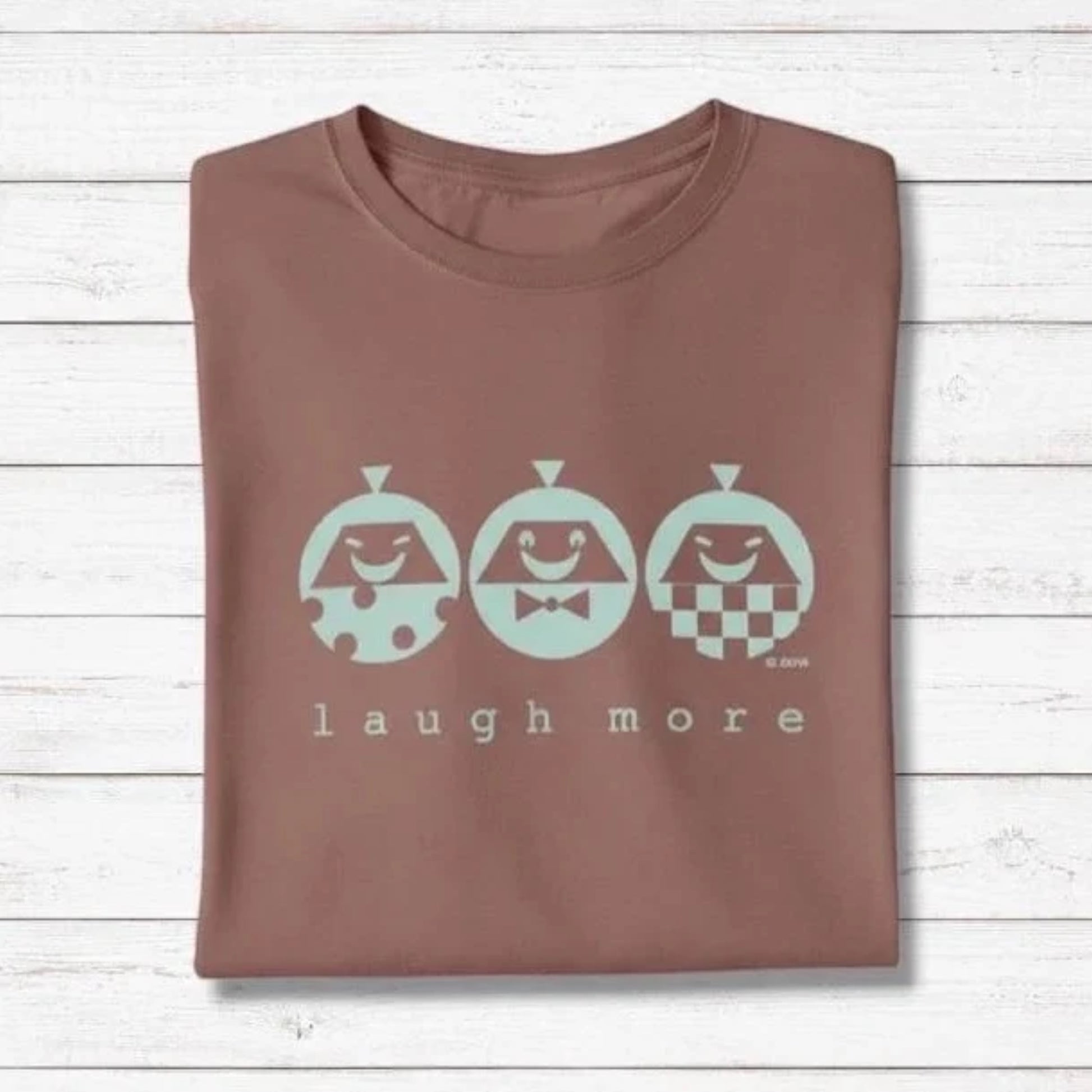 Men's Happy T-Shirt in Bamboo & Organic Cotton in mocha brown with mint 'Laugh More' quote. Funny and eco-friendly gift tee for him.