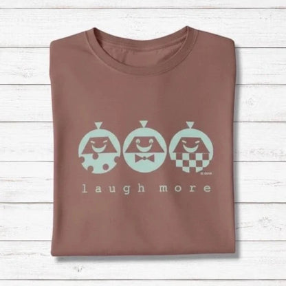 Men's Happy T-Shirt in Bamboo & Organic Cotton in mocha brown with mint 'Laugh More' quote. Funny and eco-friendly gift tee for him.