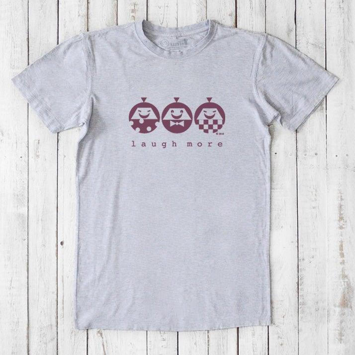 Men's Happy T-Shirt in Bamboo & Organic Cotton in heather gray with maroon 'Laugh More' quote. Funny and soft eco-friendly tee.