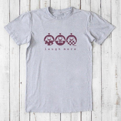 Men's Happy T-Shirt in Bamboo & Organic Cotton in heather gray with maroon 'Laugh More' quote. Funny and soft eco-friendly tee.
