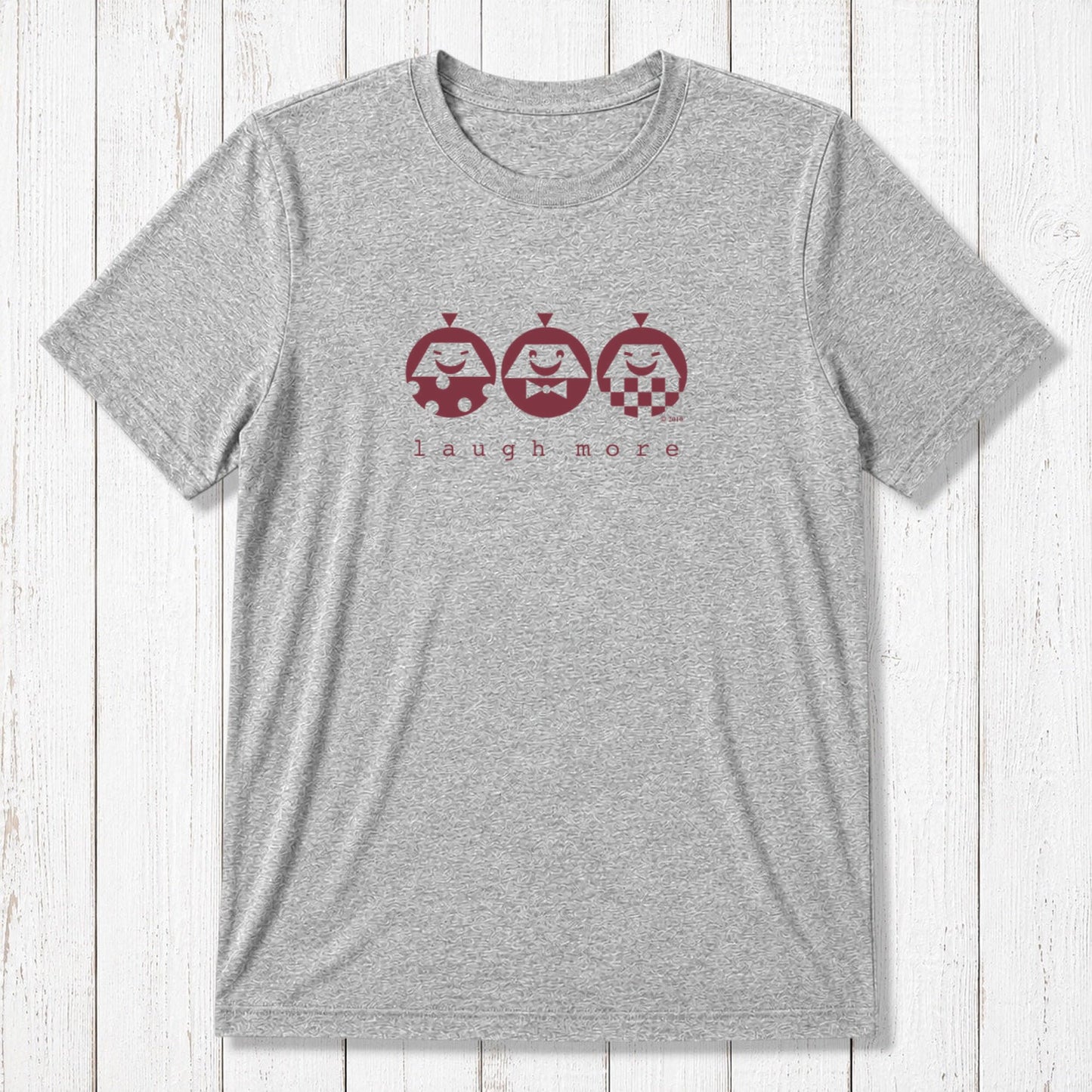 Men's Happy T-Shirt in Bamboo & Organic Cotton in heather gray with maroon 'Laugh More' quote. Funny and soft eco-friendly tee.