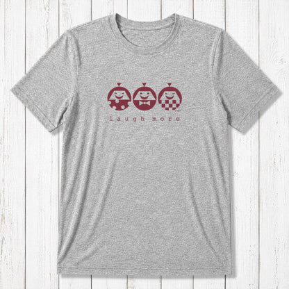 Men's Happy T-Shirt in Bamboo & Organic Cotton in heather gray with maroon 'Laugh More' quote. Funny and soft eco-friendly tee.