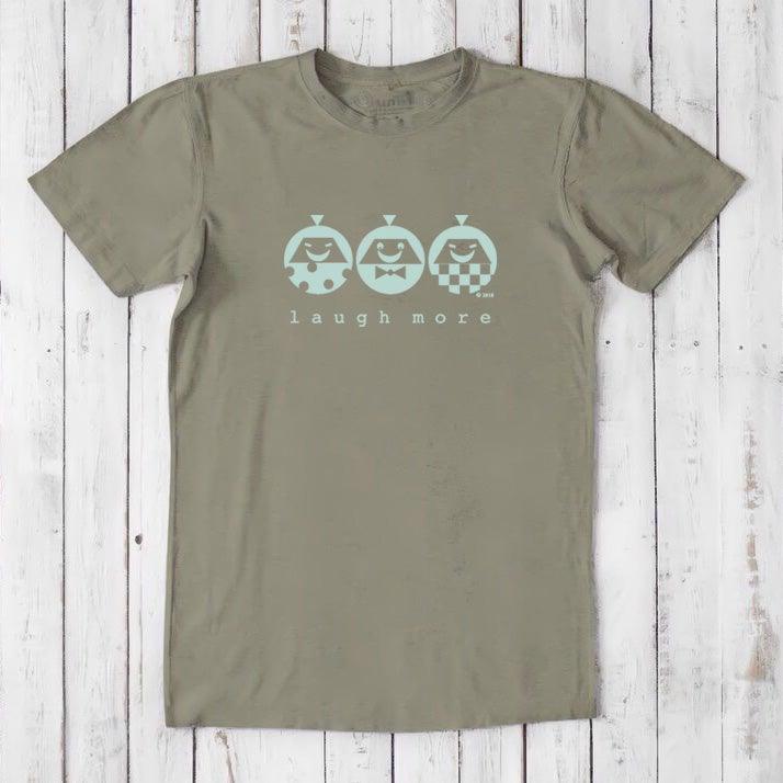 Men's Happy T-Shirt in Bamboo & Organic Cotton in olive green with mint 'Laugh More' cartoon design. Inspirational and sustainable gift.