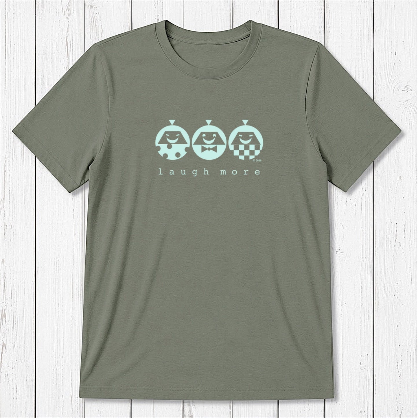 Men's Happy T-Shirt in Bamboo & Organic Cotton in olive green with mint 'Laugh More' cartoon design. Inspirational and sustainable gift.