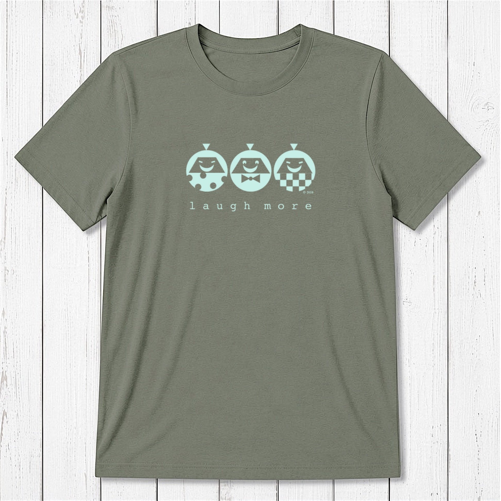 Men's Happy T-Shirt in Bamboo & Organic Cotton in olive green with mint 'Laugh More' cartoon design. Inspirational and sustainable gift.