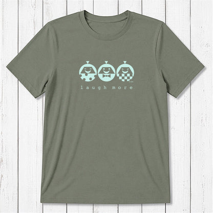 Men's Happy T-Shirt in Bamboo & Organic Cotton in olive green with mint 'Laugh More' cartoon design. Inspirational and sustainable gift.