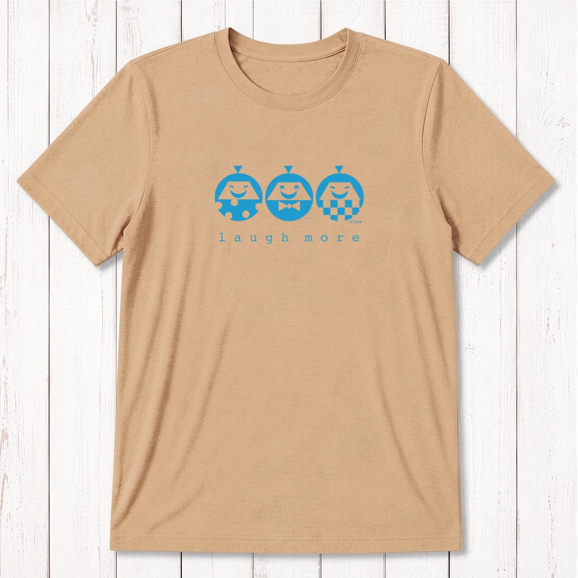Men's Happy T-Shirt in Bamboo & Organic Cotton in tan with mint 'Laugh More' cartoon faces. Positive message gift for men.