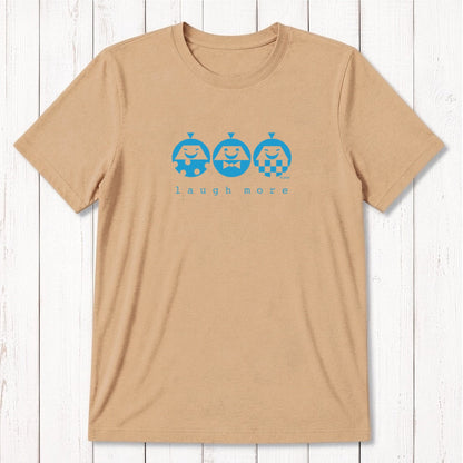 Men's Happy T-Shirt in Bamboo & Organic Cotton in tan with mint 'Laugh More' cartoon faces. Positive message gift for men.