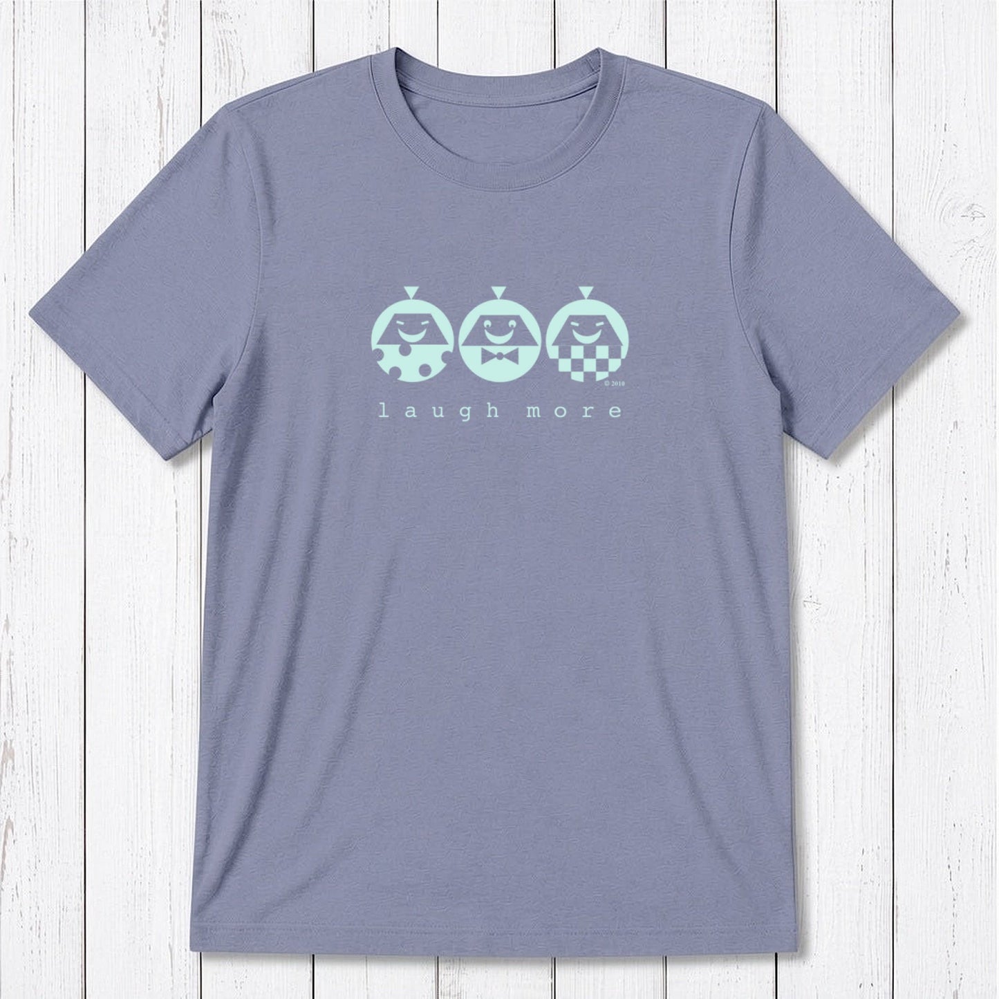 Men's Happy T-Shirt in Bamboo & Organic Cotton in lavender with mint 'Laugh More' quote. Funny and sustainable inspirational tee.