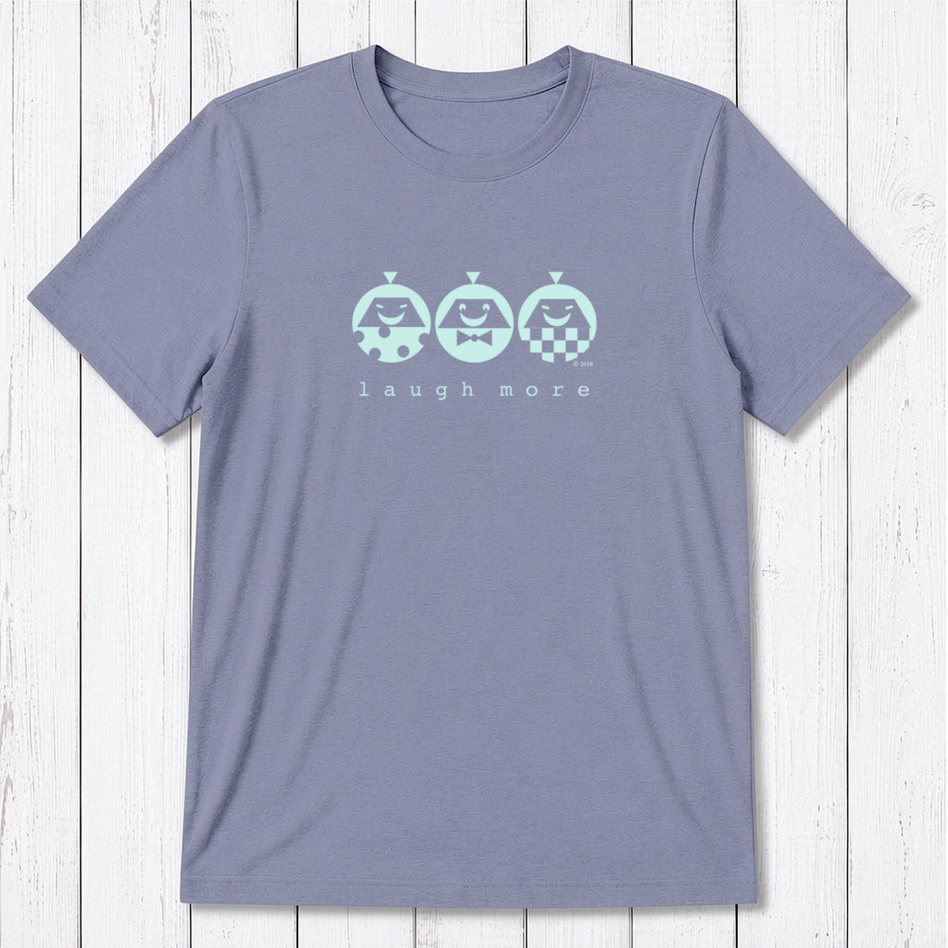 Men's Happy T-Shirt in Bamboo & Organic Cotton in lavender with mint 'Laugh More' quote. Funny and sustainable inspirational tee.