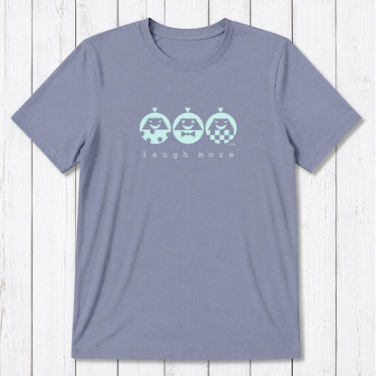Men's Happy T-Shirt in Bamboo & Organic Cotton in lavender with mint 'Laugh More' quote. Funny and sustainable inspirational tee.