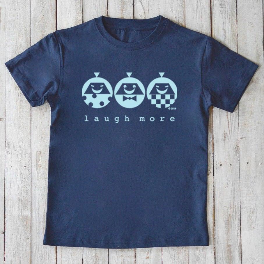 Navy blue Kids' Happy Vibe Organic Cotton T-Shirt with light blue 'Laugh More' graphic. Eco-friendly and playful shirt for kids by Uni-T.