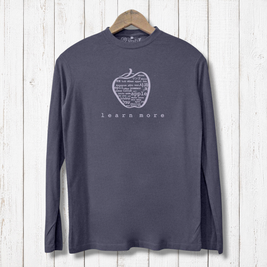 Men's Long Sleeve T-Shirt - Eco-Friendly Bamboo in charcoal gray with 'learn more' apple graphic. Soft, breathable bamboo and organic cotton blend.