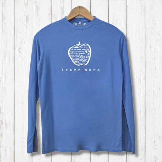 Eco-Friendly Men's Long Sleeve T-Shirt in blue featuring 'learn more' apple design. Made from bamboo and organic cotton for comfort and durability.
