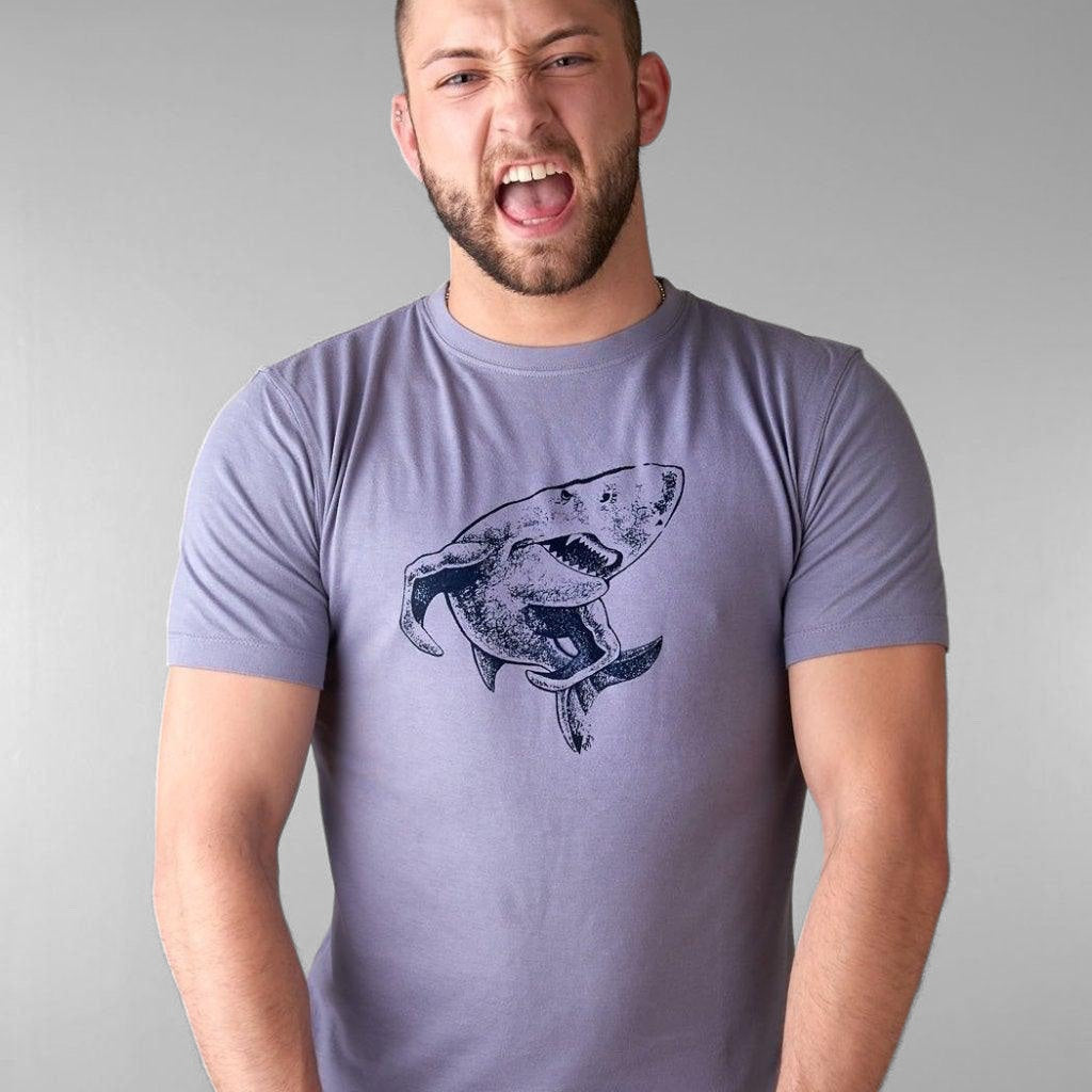 Men's Shark T-Shirt in Bamboo & Organic Cotton worn by model, featuring 'Lift More' graphic for gym and fitness motivation.