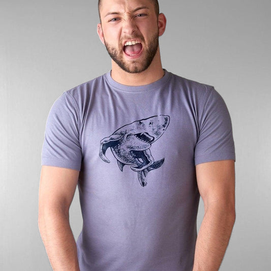 Men's Shark T-Shirt in Bamboo & Organic Cotton worn by model, featuring 'Lift More' graphic for gym and fitness motivation.
