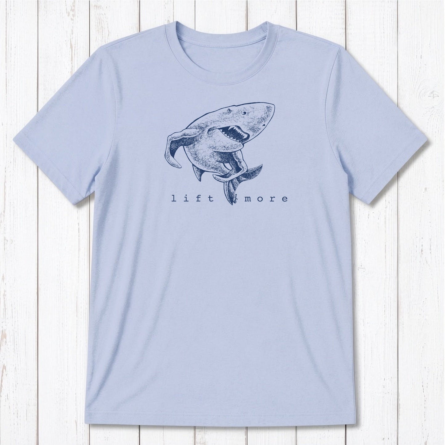 Light blue 'Lift More' shark graphic tee for men made from bamboo and organic cotton, ideal for weightlifters and gym lovers.