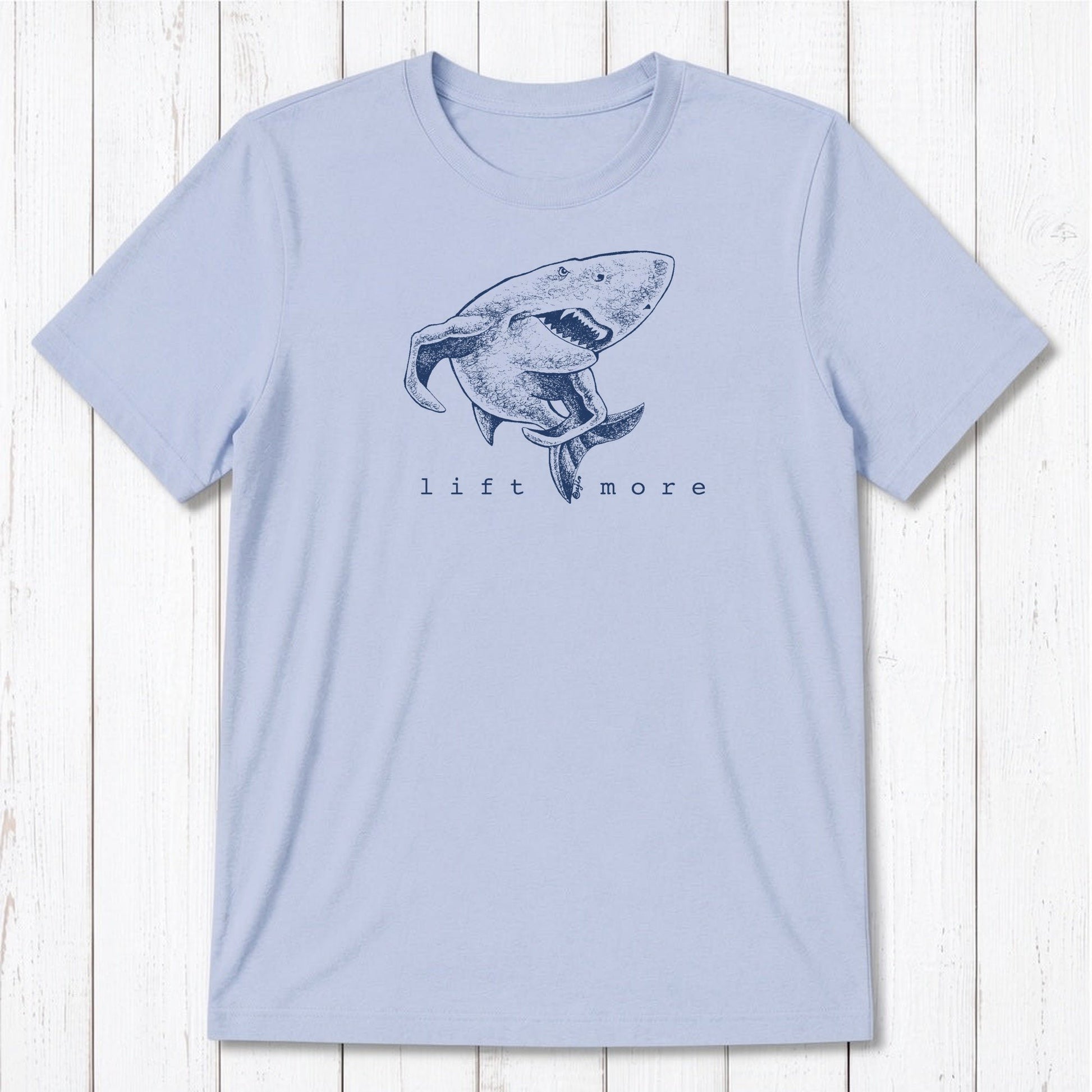 Light blue 'Lift More' shark graphic tee for men made from bamboo and organic cotton, ideal for weightlifters and gym lovers.