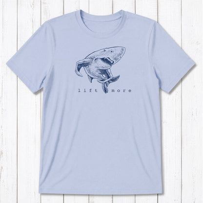 Light blue 'Lift More' shark graphic tee for men made from bamboo and organic cotton, ideal for weightlifters and gym lovers.