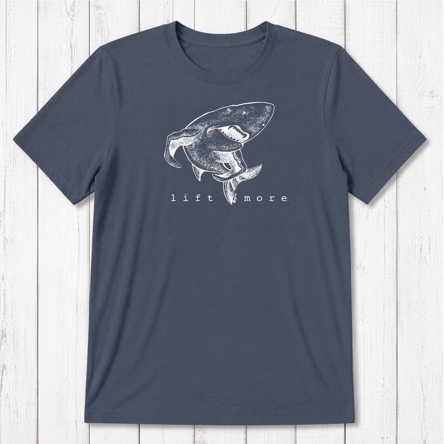 Dark navy men's bamboo and organic cotton t-shirt with shark and 'Lift More' print, perfect for fitness and gym apparel.