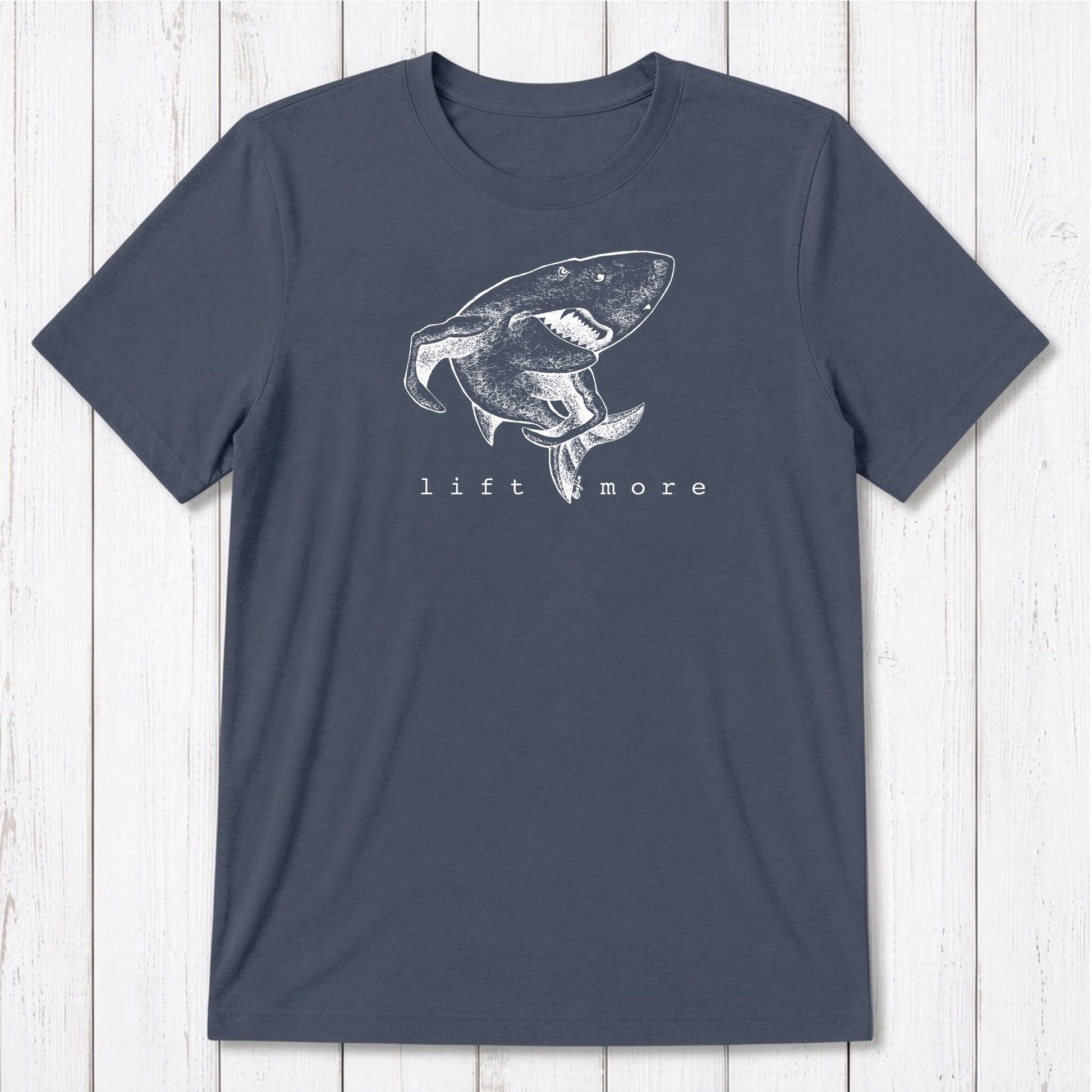 Dark navy men's bamboo and organic cotton t-shirt with shark and 'Lift More' print, perfect for fitness and gym apparel.