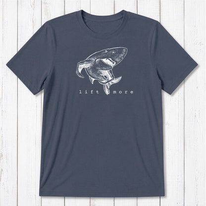 Dark navy men's bamboo and organic cotton t-shirt with shark and 'Lift More' print, perfect for fitness and gym apparel.