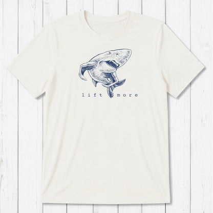 White men's graphic t-shirt with shark and 'Lift More' text, made from eco-friendly bamboo and organic cotton blend.