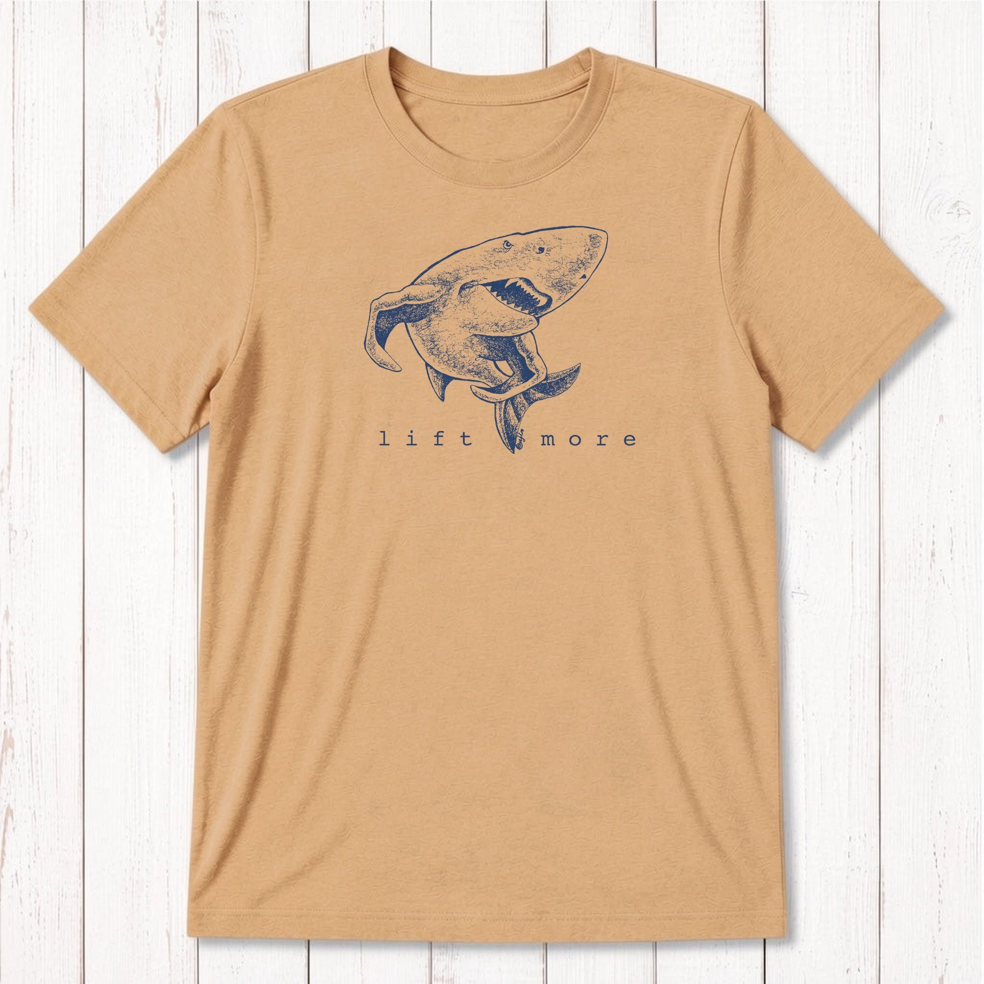 Tan 'Lift More' shark graphic tee for men crafted from breathable bamboo and organic cotton, great for workout motivation.