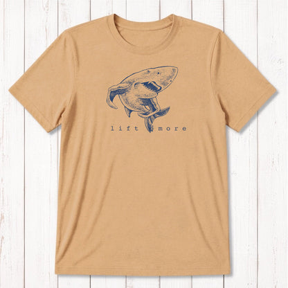 Tan 'Lift More' shark graphic tee for men crafted from breathable bamboo and organic cotton, great for workout motivation.