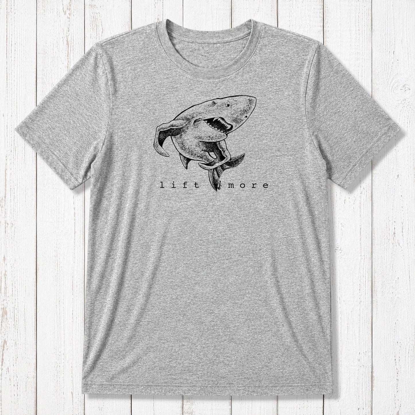 Heather gray men's shark t-shirt with 'Lift More' slogan, made from sustainable bamboo and organic cotton fabric.