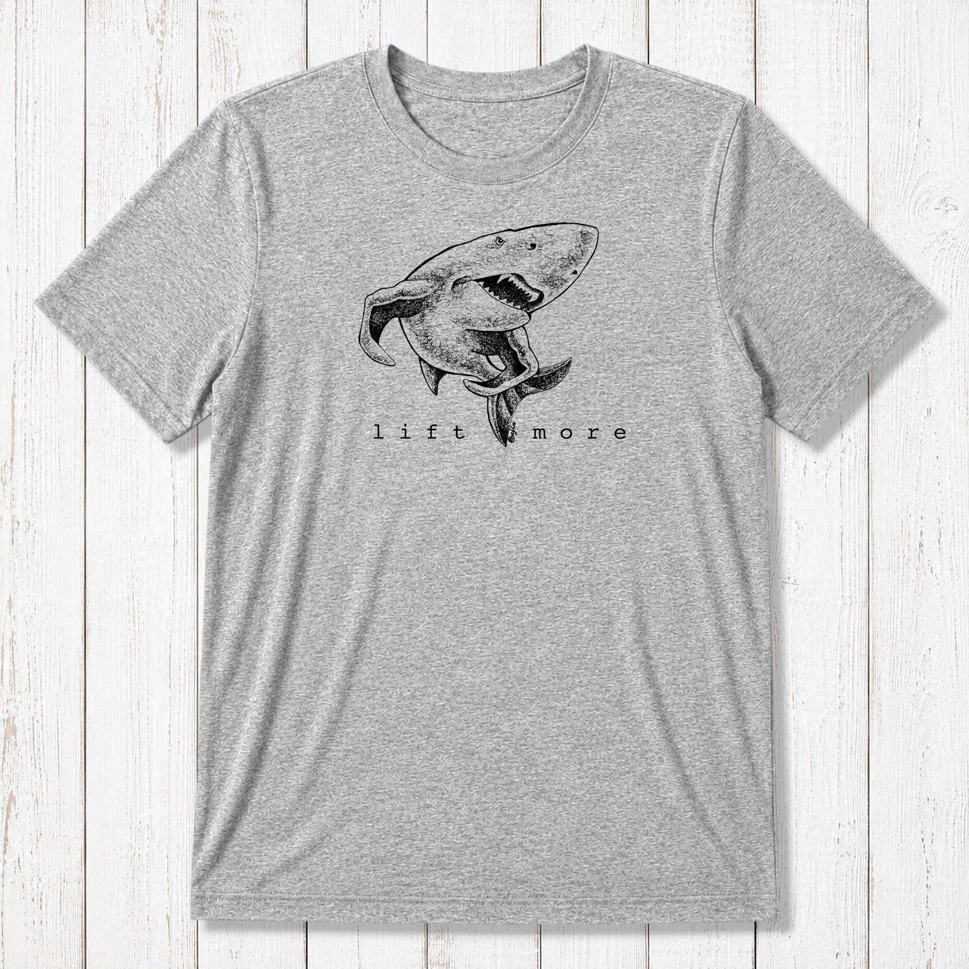 Heather gray men's shark t-shirt with 'Lift More' slogan, made from sustainable bamboo and organic cotton fabric.
