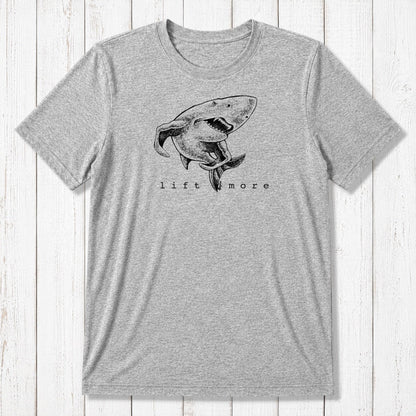 Heather gray men's shark t-shirt with 'Lift More' slogan, made from sustainable bamboo and organic cotton fabric.