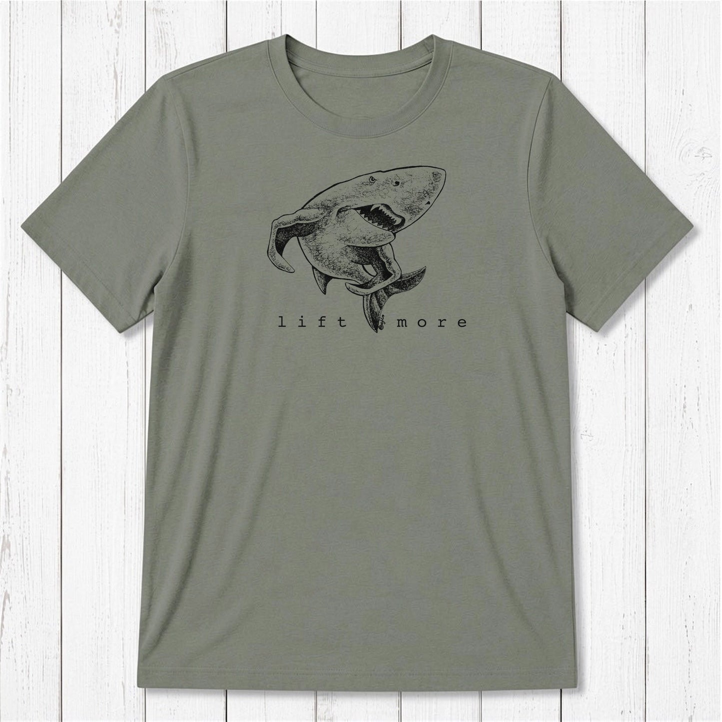 Olive green men's fitness t-shirt with shark graphic and 'Lift More' text, made from bamboo and organic cotton blend.