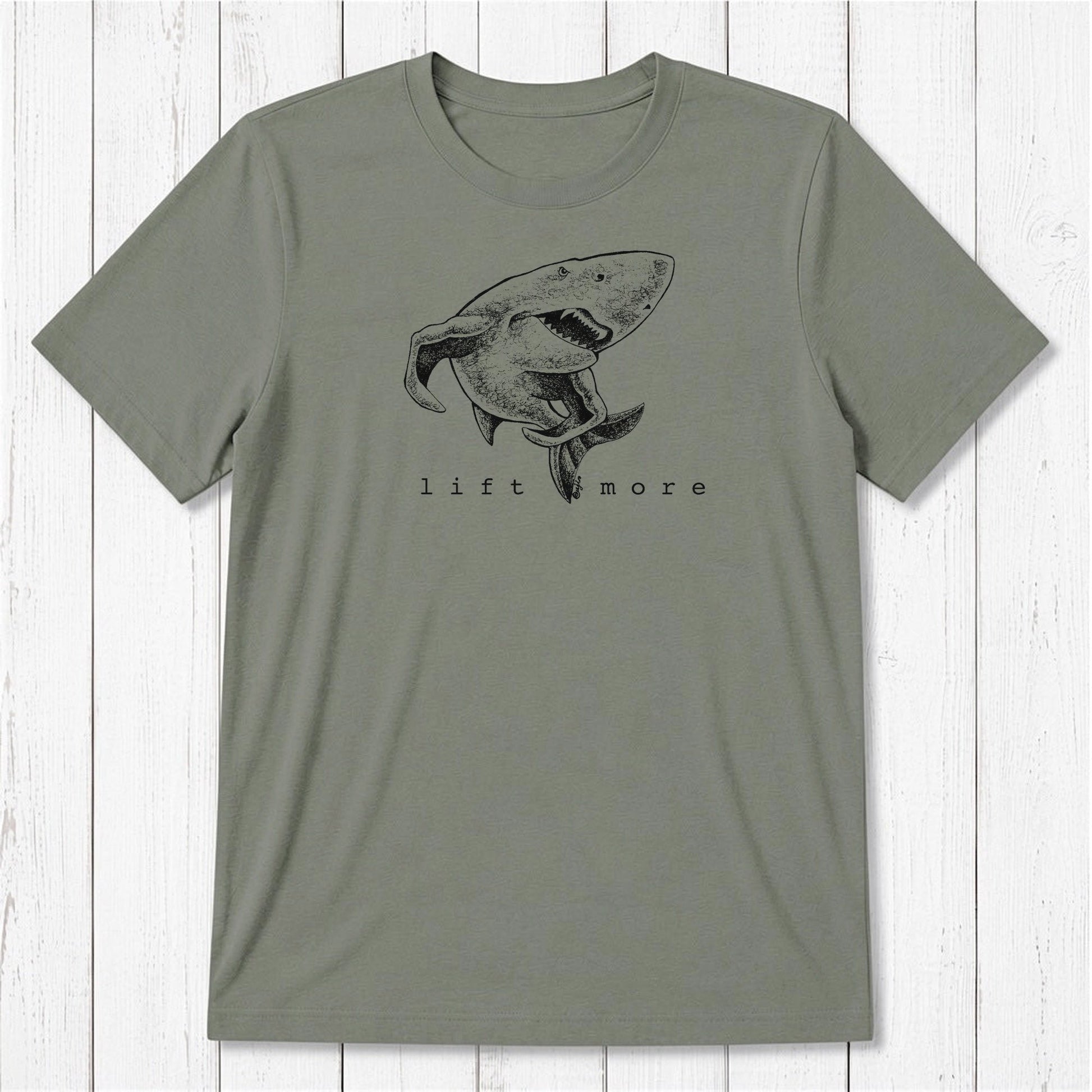 Olive green men's fitness t-shirt with shark graphic and 'Lift More' text, made from bamboo and organic cotton blend.