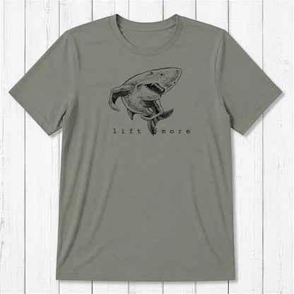 Olive green men's fitness t-shirt with shark graphic and 'Lift More' text, made from bamboo and organic cotton blend.