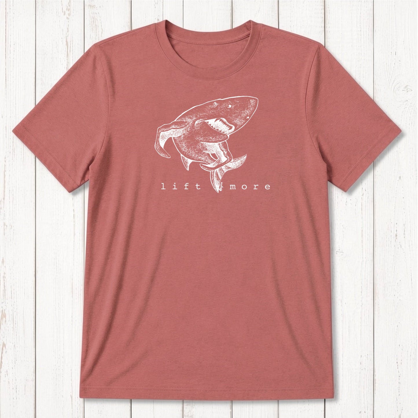 Brick red men's bamboo and organic cotton t-shirt with shark and 'Lift More' graphic, ideal gym gift for lifters.