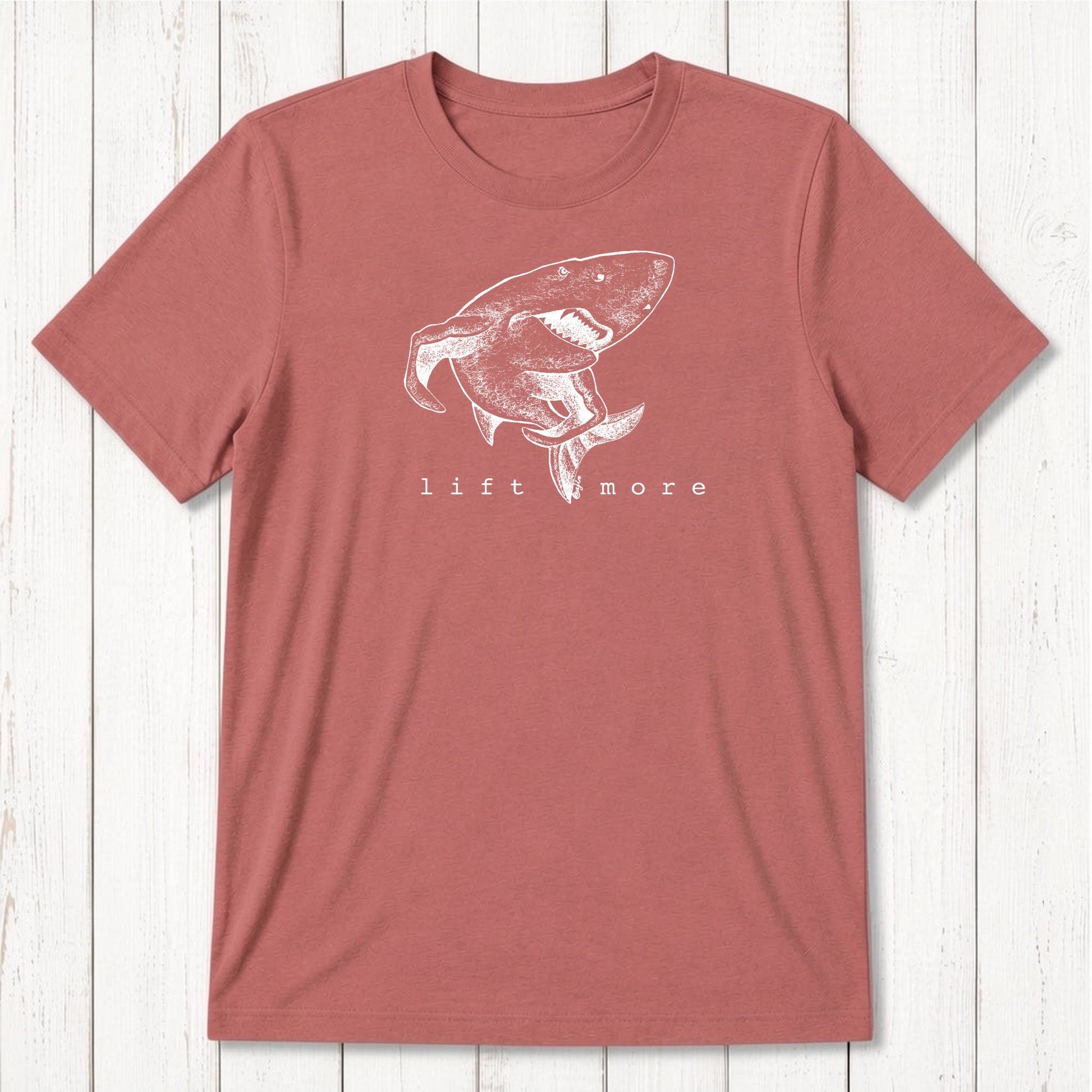 Brick red men's bamboo and organic cotton t-shirt with shark and 'Lift More' graphic, ideal gym gift for lifters.