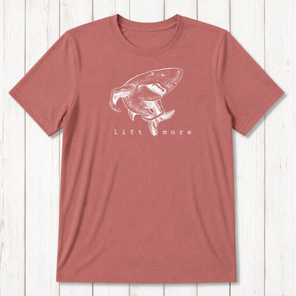 Brick red men's bamboo and organic cotton t-shirt with shark and 'Lift More' graphic, ideal gym gift for lifters.
