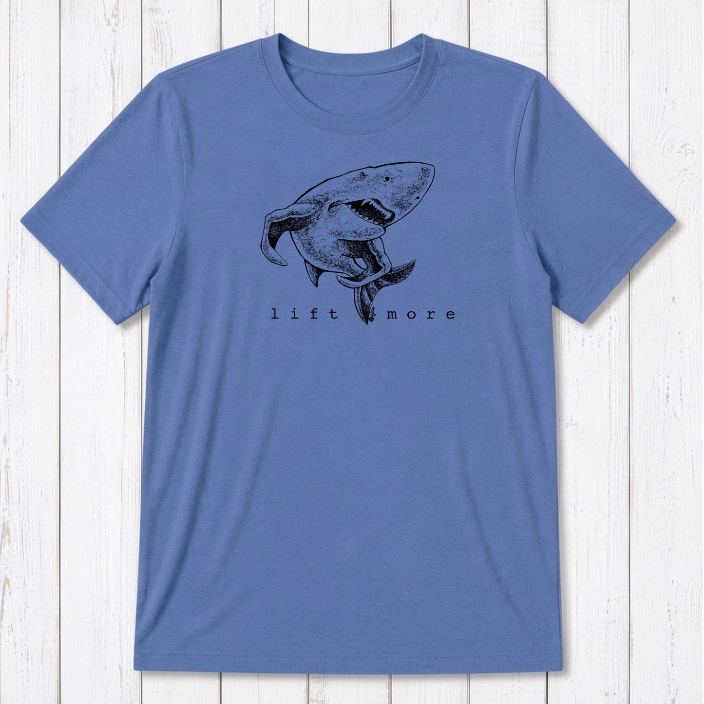 Blue men's shark t-shirt with white 'Lift More' graphic, made from breathable bamboo and organic cotton for gym wear.