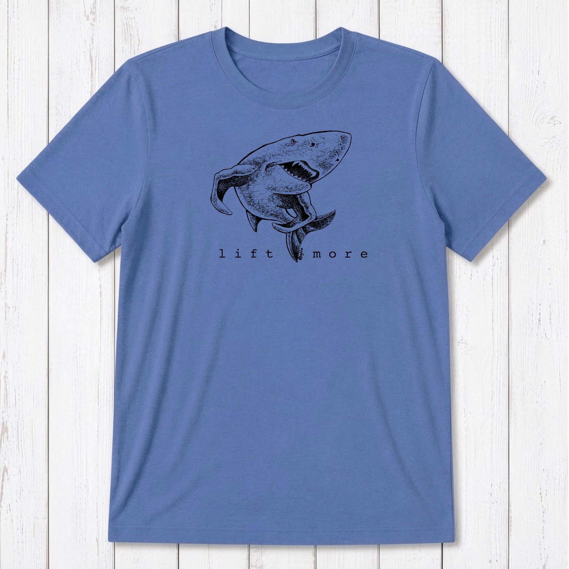 Blue men's shark t-shirt with white 'Lift More' graphic, made from breathable bamboo and organic cotton for gym wear.