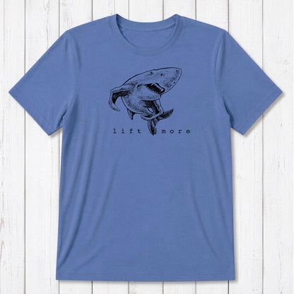 Blue men's shark t-shirt with white 'Lift More' graphic, made from breathable bamboo and organic cotton for gym wear.