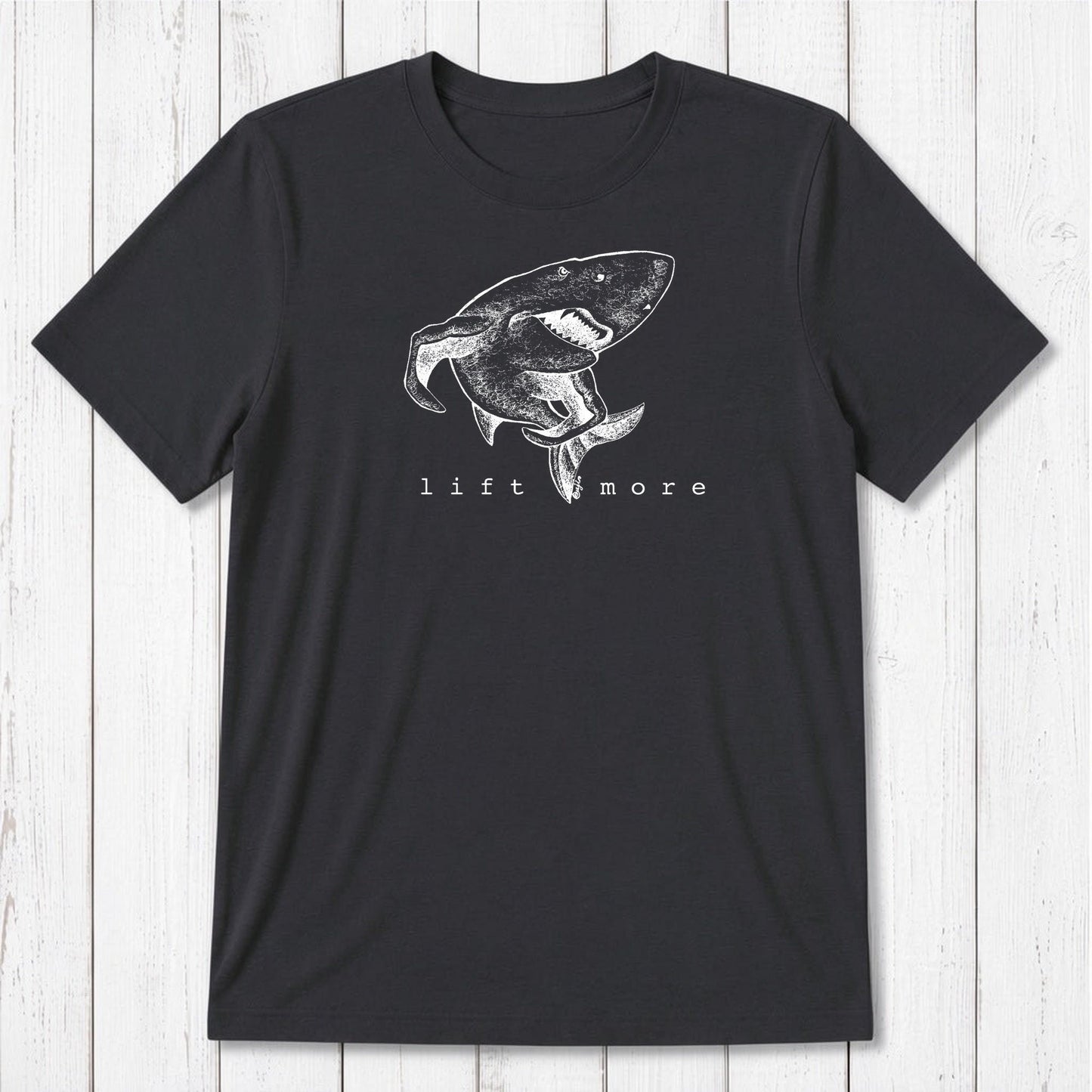 Black men's bamboo and organic cotton t-shirt featuring white shark and 'Lift More' text, perfect for fitness enthusiasts.