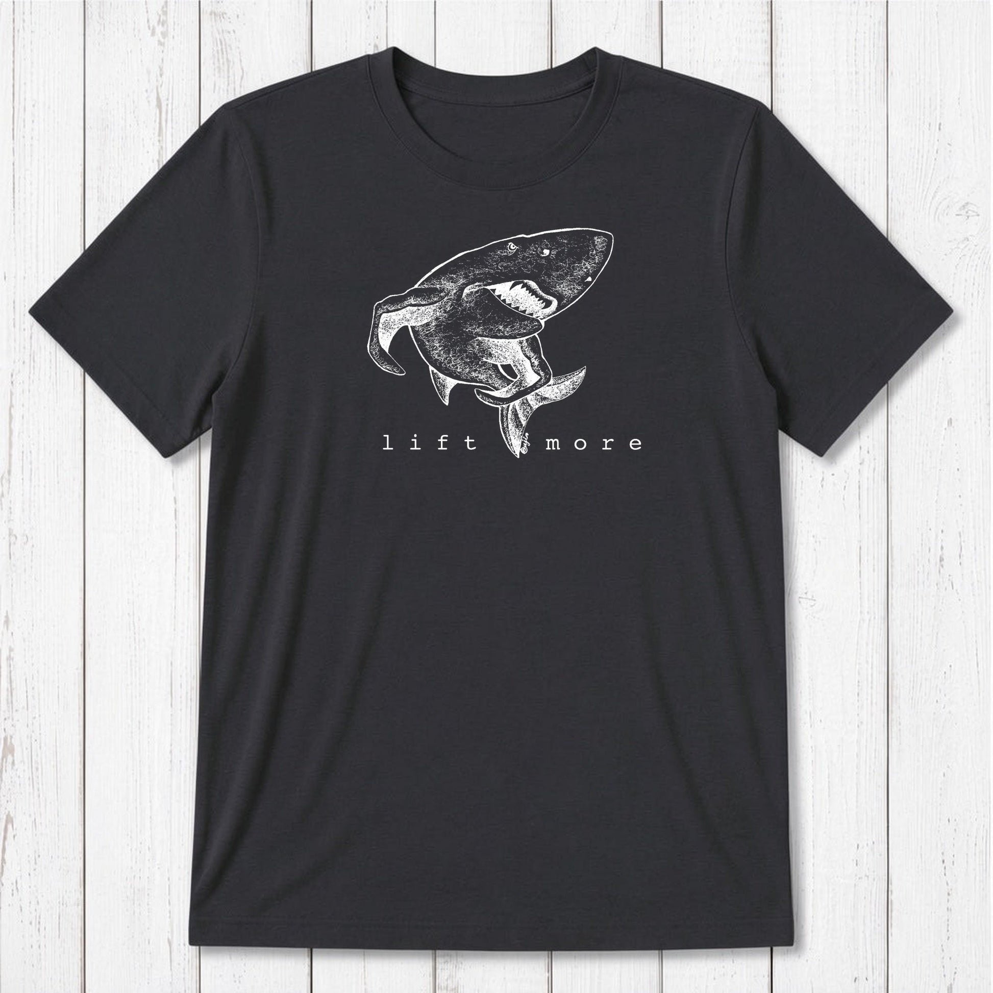 Black men's bamboo and organic cotton t-shirt featuring white shark and 'Lift More' text, perfect for fitness enthusiasts.