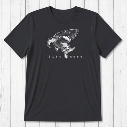 Black men's bamboo and organic cotton t-shirt featuring white shark and 'Lift More' text, perfect for fitness enthusiasts.