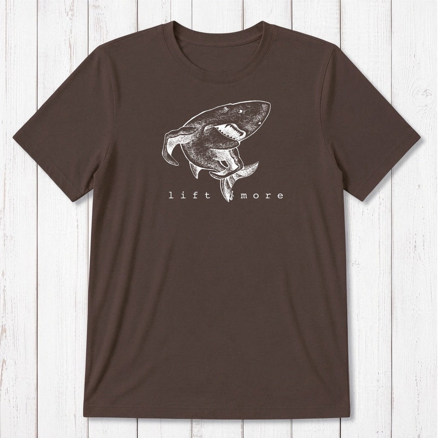 Chocolate brown men's gym t-shirt with light blue shark and 'Lift More' graphic, made from bamboo and organic cotton.