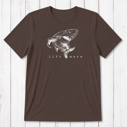 Chocolate brown men's gym t-shirt with light blue shark and 'Lift More' graphic, made from bamboo and organic cotton.