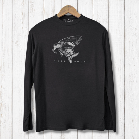 Men's Bamboo Workout T-Shirt - Lift More in black with shark graphic and eco-friendly fabric. Ideal for gym wear and sustainable fashion lovers.